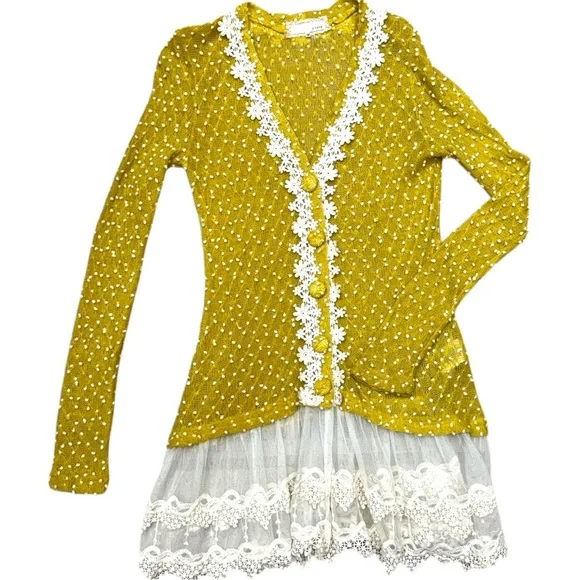 A’reve Mustard Yellow Lace Floral Ruffle Hem Cardigan Tunic Size Medium - Picture 11 of 11